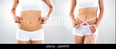 Vous devez finalement choisir un côté. Photo en studio d'une femme méconnaissable montrant deux côtés de la perte de poids et de la prise de poids sur un fond gris. Banque D'Images