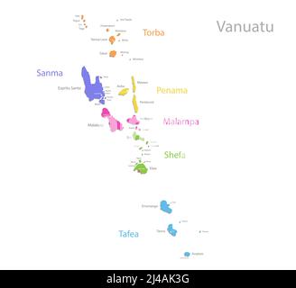 Carte de Vanuatu, division administrative, régions individuelles séparées avec noms, carte couleur isolée sur fond blanc vecteur Illustration de Vecteur