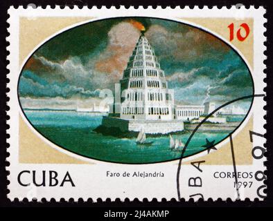 CUBA - VERS 1997 : un timbre imprimé à Cuba montre le phare d'Alexandrie, sept merveilles du monde antique, vers 1997 Banque D'Images