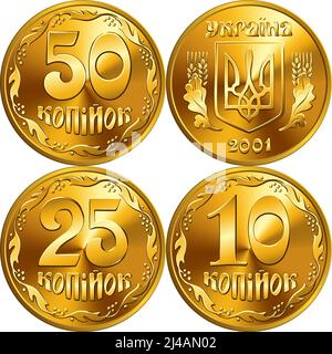 Ensemble de monnaie krainienne pièces d'or 50, 25, 10 kopiyok, obverse et inverse Illustration de Vecteur