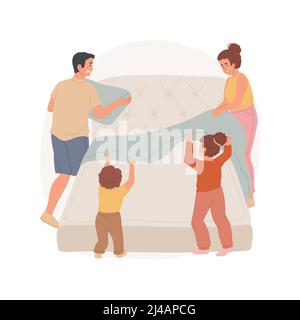 Réalisation d'une illustration vectorielle de lit isolée. Parents et enfants faisant le lit ensemble, s'amuser, tenant une couverture, organiser la chambre, mettre des oreillers, dessin animé vecteur quotidien familial. Illustration de Vecteur
