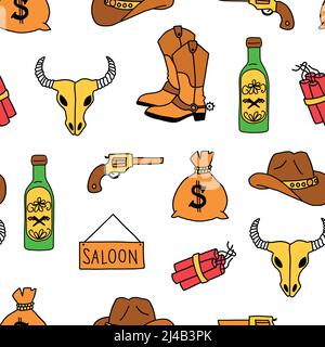 Motif vectoriel sans couture Wild West. Cowboy Boots, colt, Drink, dynamite, shérif star badge argent répétant fond. Décor de style Wild West Illustration de Vecteur