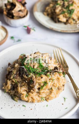 Risotto aux champignons porcini sur une petite assiette et recouvert d'aneth frais Banque D'Images