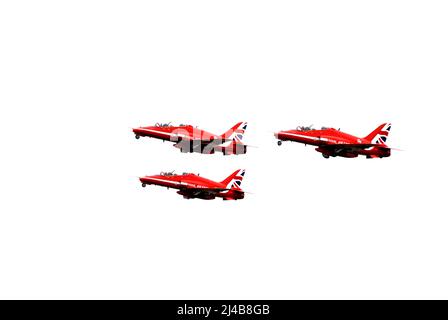 Trois avions Red Arrows Hawk juste après le décollage avec train roulant toujours en retrait, au spectacle aérien de Biggin Hill Banque D'Images