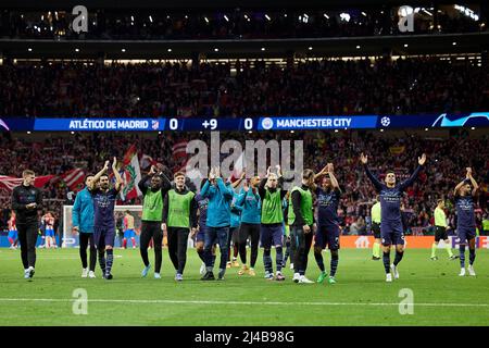 Madrid, Espagne. 13th avril 2022. Les joueurs de Manchester City lors du match de l'UEFA Champions League, quart de finale, deuxième étape, entre l'Atlético de Madrid et Manchester City ont joué au stade Wanda Metropolitano le 13 avril 2022 à Madrid, Espagne. (Photo de Ruben Albarran/PRESSINPHOTO) crédit: PRESSINPHOTO SPORTS AGENCY/Alay Live News Banque D'Images