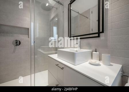 meuble lavabo en bois laqué blanc avec lavabo en porcelaine d'une pièce avec miroir sur structure en métal noir et cabine de douche Banque D'Images