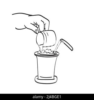 gros plan à la main verser le lait dans le café illustration vecteur à la main dessiné isolé sur fond blanc dessin de ligne art. Illustration de Vecteur