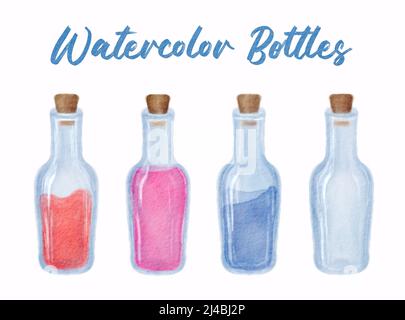Jeu de bouteilles aquarelles dessinées à la main isolées sur fond blanc Banque D'Images