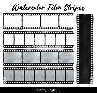 Bandes de film aquarelle. Ensemble de cinéma dessiné à la main isolé sur fond blanc Banque D'Images