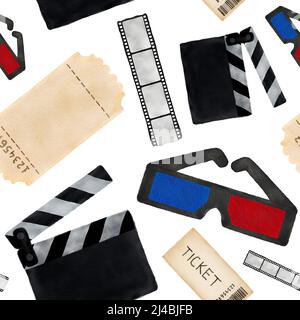 Motif fluide avec éléments aquarelle du cinéma sur fond blanc. Tableau de la clapper de films, billets, verre, bande de film Banque D'Images