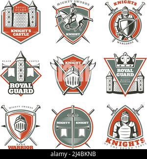 Des étiquettes médiévales anciennes et colorées sont parcoudées de chevaliers blindés illustration vectorielle isolée de la forteresse et de la tour d'armes Illustration de Vecteur