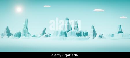 Paysage de montagne de faible poly fantaisie dans des tons pastel bleus. 3d rendu. Banque D'Images