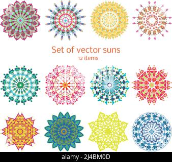 Ensemble coloré décoratif de soleil d'été ensemble de différentes couleurs et illustration de vecteur isolé de structure répétée Illustration de Vecteur