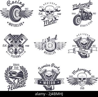 Ensemble d'étiquettes de moto monochrome vintage avec ailes de roue crâne de vélo illustration vectorielle isolée du moteur du casque, clés croisées, pistons Illustration de Vecteur