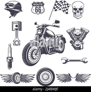 Collection vintage Motorcycle ELEMENTS avec clé à moteur pour crâne de casque de moto illustration du vecteur isolé de bougie d'allumage de piston d'indicateur des ailes de roue Illustration de Vecteur