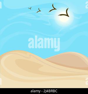 Paysage désertique lumineux et chaud avec dunes de sable et flock illustration du vecteur des oiseaux volants Illustration de Vecteur