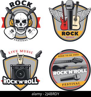 Ensembles de musique rock de couleur vintage avec tête de mort de guitares croisées casque ailes microphones amplificateur illustration vectorielle isolée Illustration de Vecteur