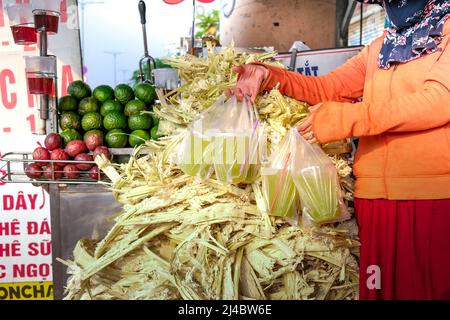 Ho Chi Minh ville, Vietnam, le 13 avril 2022 : une femme pressant le jus de canne à sucre. Boisson populaire de rue à Ho Chi Minh ville, Vietnam Banque D'Images