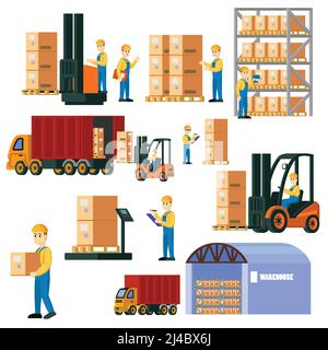 Entrepôt logistique coloré avec des employés de stockage dans différentes situations illustration du vecteur isolé du chariot élévateur et du chariot élévateur Illustration de Vecteur