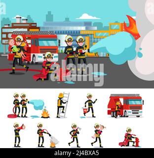 Composition colorée de lutte contre l'incendie avec une brigade de secours qui éteint l'enfant qui saute l'incendie et les pompiers dans différentes situations illustration vectorielle Illustration de Vecteur