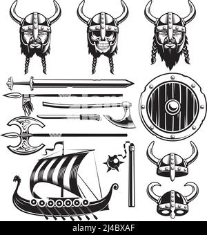 Vintage viking éléments ensemble avec navire corned casques crâne barbu illustration vectorielle isolée face et arme Illustration de Vecteur