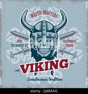 Affiche viking vintage avec crâne guerrier dans casque à cornes et illustration vectorielle des épées croisées Illustration de Vecteur