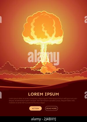 Affiche lumineuse d'explosion nucléaire avec nuage de champignon léger et fumée effet dans l'illustration vectorielle de style comique Illustration de Vecteur