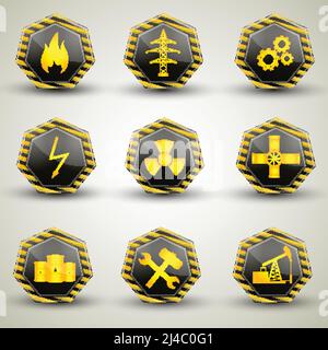 Icônes industrielles noires et jaunes avec divers panneaux d'avertissement illustration vectorielle plate isolée sur fond gris Illustration de Vecteur