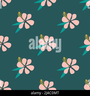 Fleurs roses Hibiscus fleur isolée sur fond vert foncé est dans le modèle sans couture - illustration vectorielle Illustration de Vecteur