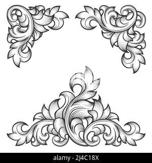 Ensemble d'éléments décoratifs à motif tourbillon avec cadre en feuilles de style baroque. Gravure florale, motif mode, illustration vectorielle Illustration de Vecteur