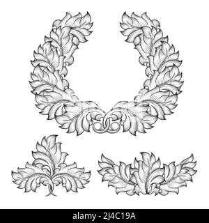 Vintage baroque feuille fleur rouleau ornement gravure cadre élément ensemble. Décoration victorienne style abstrait, illustration vectorielle Illustration de Vecteur