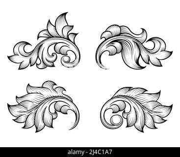 Ensemble de feuilles de volute baroque vintage avec élément de style gravure, décoration richement ornée, fleurs en filigrane. Illustration vectorielle Illustration de Vecteur