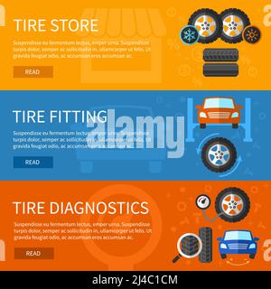 Ensemble de bannières vectorielles pour le service des pneus. Illustration de réparation automatique, élément de voiture et station de diagnostic Illustration de Vecteur