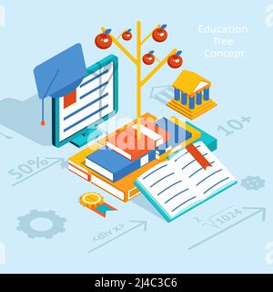 Arbre d'éducation en trois dimensions de couleur conception graphique sur fond bleu clair. Mettre l'accent sur l'ordinateur et les livres Illustration de Vecteur