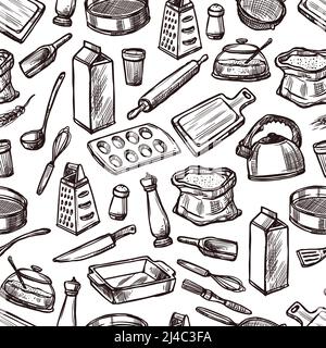 Motif de cuisson sans couture avec croquis de l'équipement de cuisine et des outils vecteur illustration Illustration de Vecteur