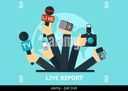 vector live report concept, actualités en direct, mains de journalistes avec microphones et magnétophones Illustration de Vecteur