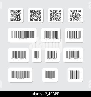 Codes barres et QR sur les autocollants vectoriels blancs. Données d'informations sur l'étiquette, illustration de la bande d'identification Illustration de Vecteur