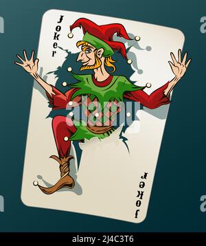 Joker sur fond bleu-vert qui sort de la carte de jeu. Illustration de Vecteur
