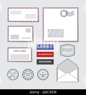 Mise en place d'enveloppes, de cartes postales et de badges pour courrier aérien. Apposer le tampon sur la lettre, illustration vectorielle Illustration de Vecteur