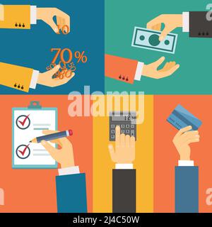 Jeu de mains vectoriel, crédit de paiement à l'achat illustration rétro plate Illustration de Vecteur