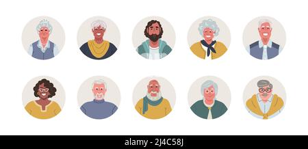 Avatars ensemble de personnes âgées souriantes diverses en forme de rond Illustration de Vecteur
