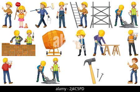 Kit de travail de construction avec illustration homme et outils Banque D'Images