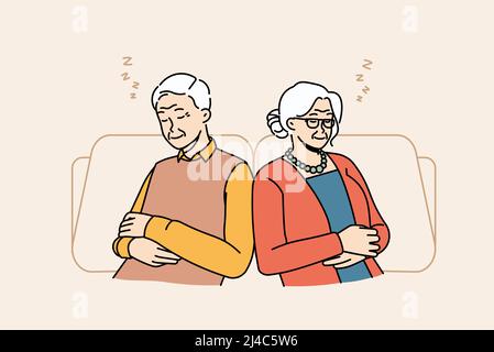 Un vieil homme et une femme fatigués s'assoient pour se détendre dans les chaises en prenant une sieste ou en rêvant de jour. Les grands-parents matures épuisés reposent dans des fauteuils dormant et voyant des rêves. Maturité et relaxation. Illustration vectorielle. Illustration de Vecteur