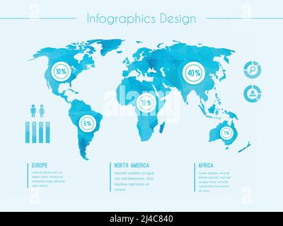 Modèle vectoriel graphique de la carte du monde montrant les zones démographiques de l'Europe Amérique du Nord Afrique avec des pourcentages proportionnels de statistiques et de tex Illustration de Vecteur