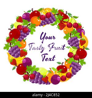 Couronne circulaire colorée de fruits frais autour de l'espace d'imitation central vierge pour le texte à emporter avec les citrons oranges raisins fraises cerises banane application Illustration de Vecteur