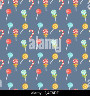 Motif de fond transparent coloré sur le bleu avec des cannes festives. Sucettes et sucettes orange au format carré pour papier peint ou tissu Illustration de Vecteur