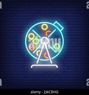 Neon icon of lottery drum. Lotto machine with balls inside on brick wall background. Lottery game concept. Can be used for neon signs, posters, billbo Illustration de Vecteur