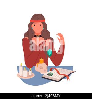 Fortune Teller prédire le destin, fille assise à table avec livre de magie, bougies, crâne Illustration de Vecteur