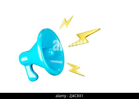 Mégaphone bleu avec lumières jaunes isolées sur fond blanc Banque D'Images