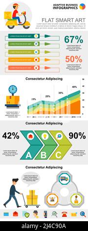 Mise en place de tableaux infographiques sur les concepts de services postaux et de marketing. Graphique des secteurs d'activité et des pourcentages pour les modèles de diapositives de présentation. Pour la réputation de l'entreprise Illustration de Vecteur